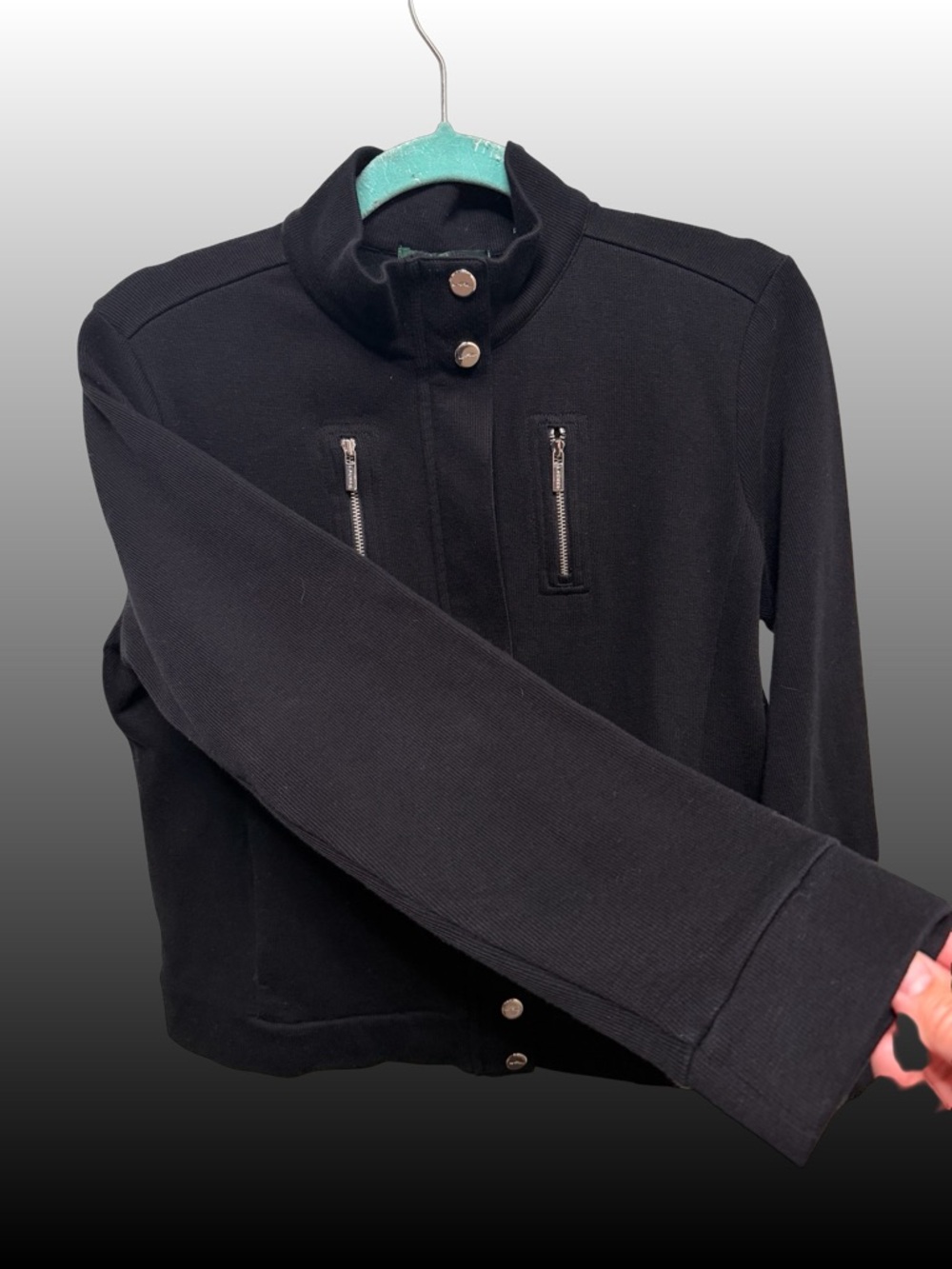 Lauren Ralph Lauren Petite Zip Jacket PM Black 100% Cotton Silver Hardware - Picture 4 of 7